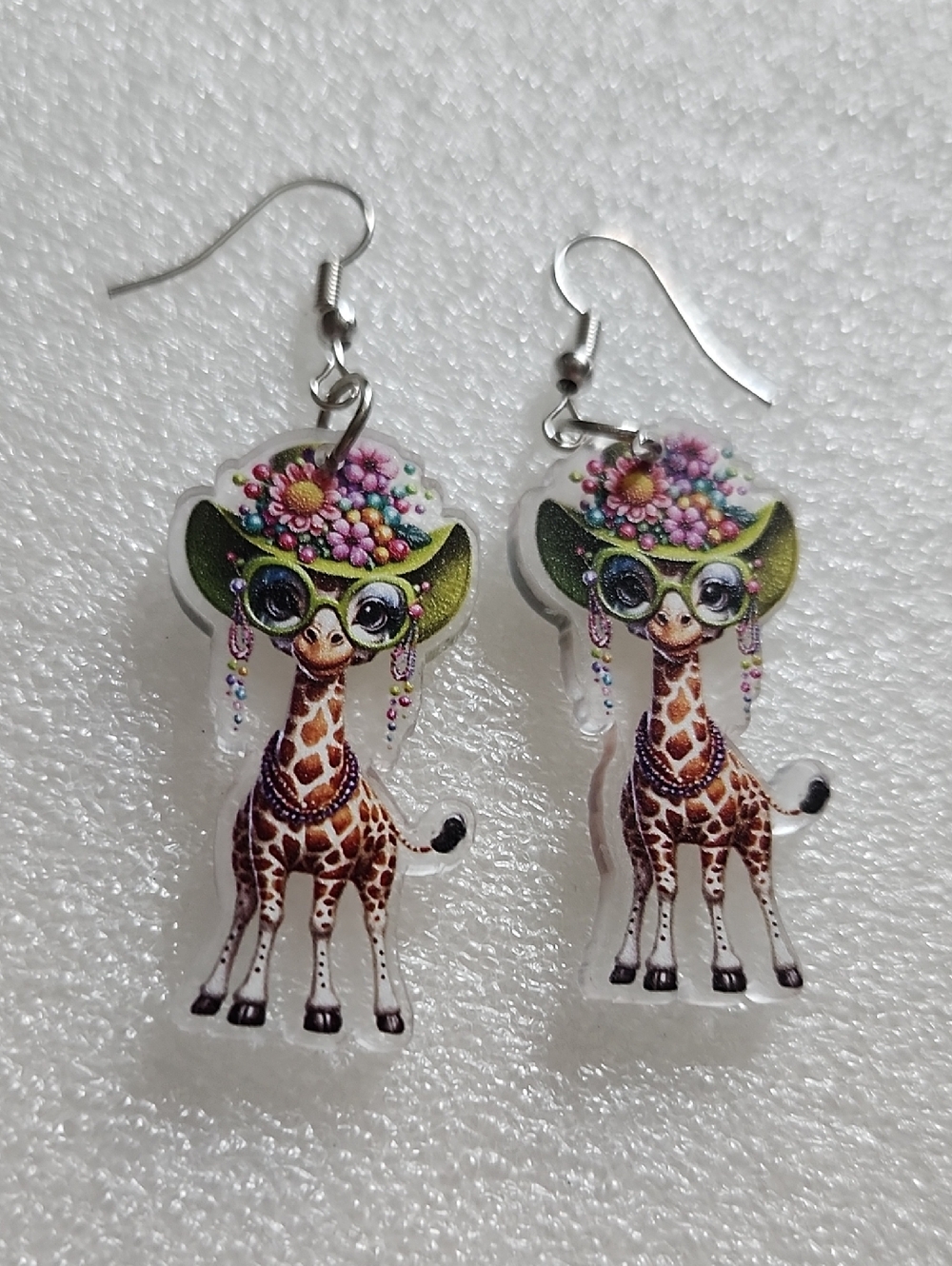 Hand Crafted Giraffe Earrings with Green Hat and Pink Floral Accents